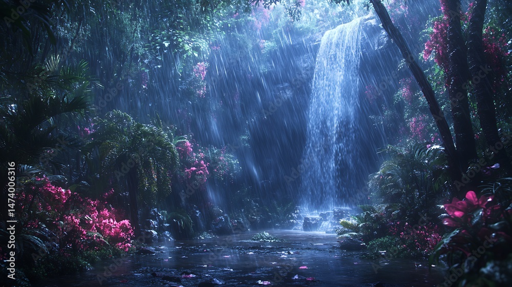Fototapeta premium Mystical jungle scenery with cascading waterfall and vibrant tropical flora