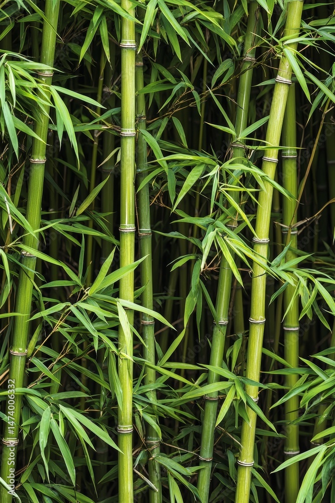 Fototapeta premium Dense bamboo stalks creating a lush green backdrop. Healthy air atmosphere concept.