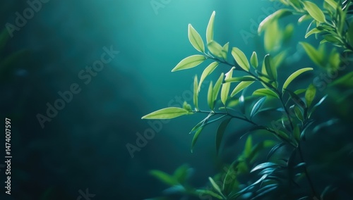Soft-focus greenery in a teal-toned, dimly lit environment.  Fresh, vibrant young leaves gently illuminated