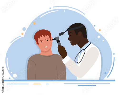 A male ENT doctor examines the patient's ear.