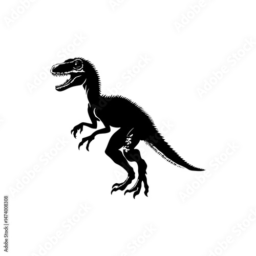 Velociraptor Silhouette: A striking silhouette of a Velociraptor, a fearsome and intelligent dinosaur, captured in a classic black and white aesthetic. Its sharp claws, powerful legs.