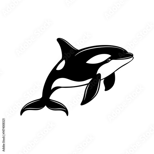 Orca Illustration: This image shows a playful Orca illustration against a black background, in a simplistic black and white style. 