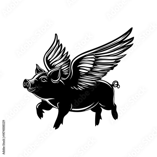 Whimsical Pig with Wings: A jovial illustration of a pig with graceful wings, soaring with effortless charm, evoking a sense of wonder and the impossible.