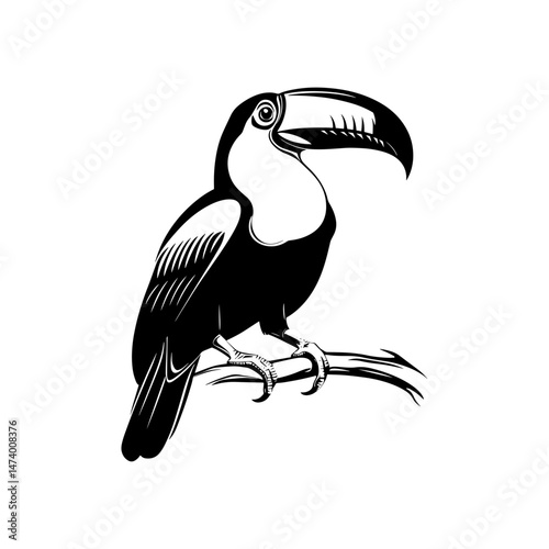 Elegant Toucan Silhouette: A striking black and white illustration of a toucan perches gracefully on a branch, with attention to detail and natural aesthetic.