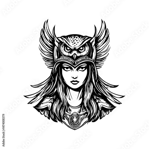 Owl Goddess in Black and White: A captivating and symbolic illustration of a fierce, female warrior goddess adorned with an owl-shaped helmet and feathered wings.