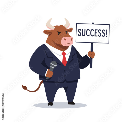 Humorous bull business coach holding a "Success!" sign, perfect for motivational seminars and corporate events