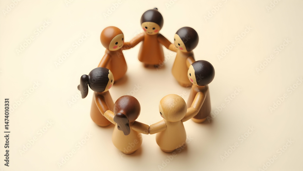 Obraz premium Symbolic unity, a circle of six wooden figurines embodies diversity and togetherness, representing community, collaboration, and harmony through their interconnected hands