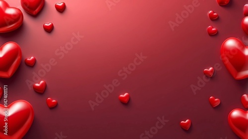 A digital illustration featuring a glossy, red background with a gradient effect, Scattered across the left and right edges are numerous three-dimensional.