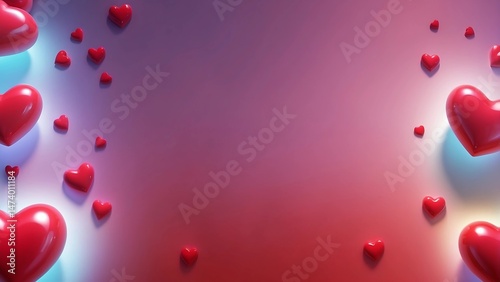 A digital illustration featuring a glossy, red background with a gradient effect, Scattered across the left and right edges are numerous three-dimensional.