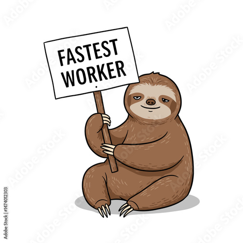 Funny sloth holding a sign "Fastest Worker", perfect for corporate culture and employee motivation campaigns.