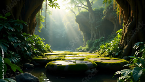 Tranquil Vista, Moss-Covered Stone Path Leading to a Serene Forest with Sunlight Filtering Through Verdant Canopy, Creating a Peaceful and Mystical Atmosphere