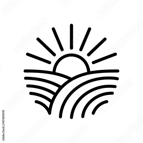 A minimalistic black line drawing showcases a rising sun over fields, with stylized rays extending outward