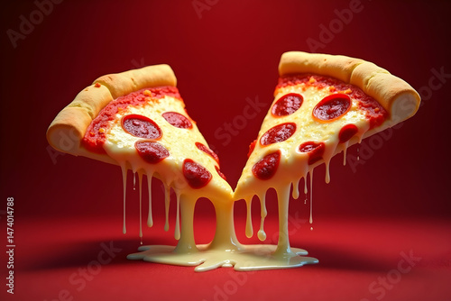 Two vibrant 3D pizza halves with melting cheese and pepperoni toppings suspended in mid-air, creating a visually appealing and mouth watering food concept photo