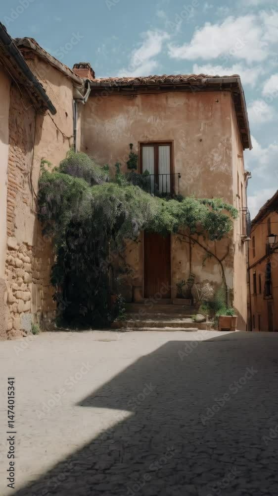 Rustic ochre building with flowering wisteria vines climbing up the aged facade in a charming cobblestone street, creating a serene vista. Rustic ochre building with flowering wisteria vines climbing up the aged facade in a charming cobblestone street, creating a serene vista.
