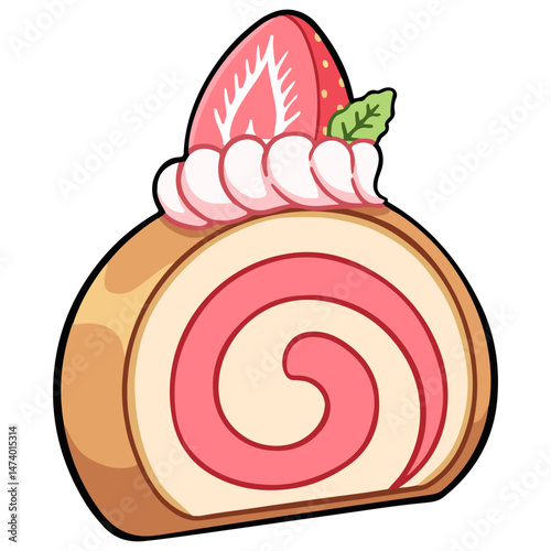 strawberry swiss roll cake illustration