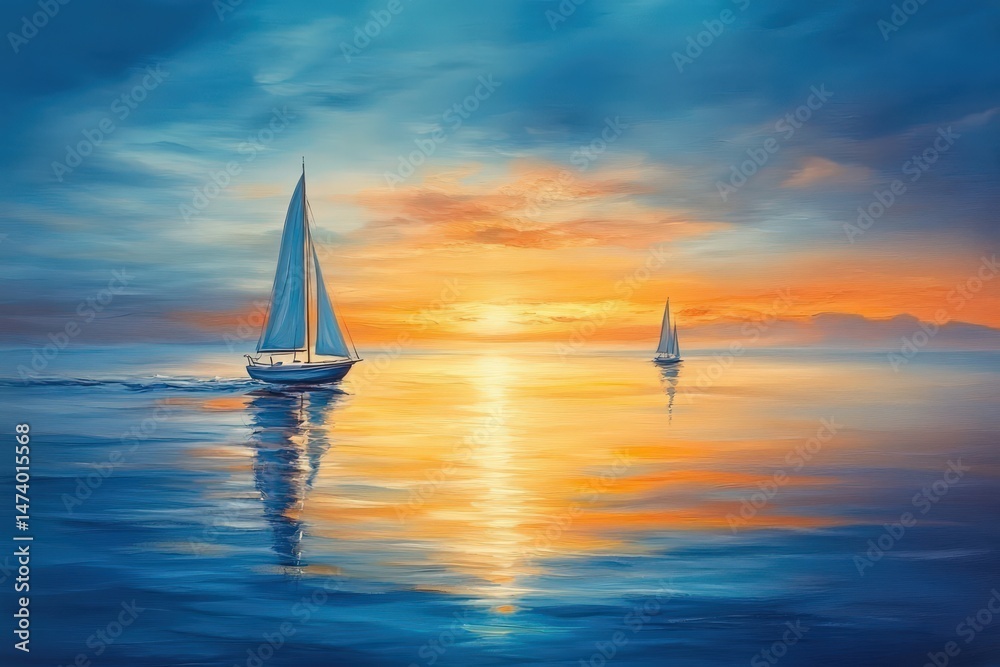 Fototapeta premium Two sailing vessels on a tranquil ocean at sunset.