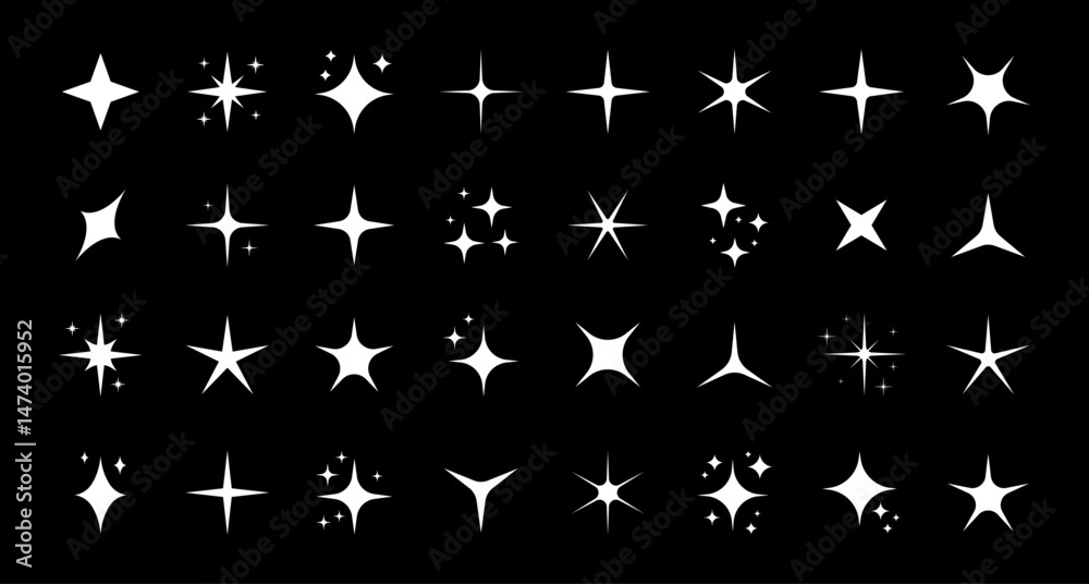 Fototapeta premium Sparkle or shine set vector collection of different stars in white color. Shine icon for magic, pattern, doodle, light and charm design element.