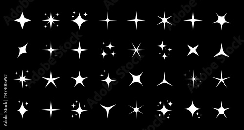 Sparkle or shine set vector collection of different stars in white color. Shine icon for magic, pattern, doodle, light and charm design element.