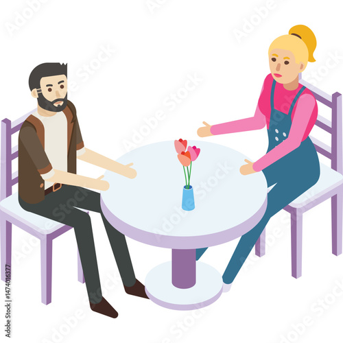 Romantic dinner vector. Woman man in cafe icon. People at restaurant isolated on white background