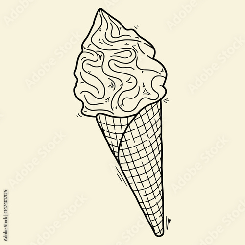 Illustration vectorielle d'une glace en cornet, aliment rafraichissant, douceur d'été, esquisse, fichier vectoriel,  