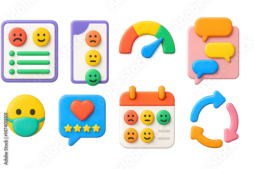 3D icon set of emotional feedback systems: mood-based feedback form, pulse survey emoji card, psychological safety meter, open space comment board, anonymous feelings badge, emotional resonance score
