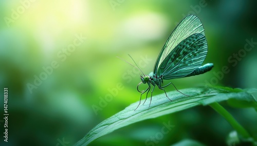Emerald butterfly resting on a leaf in a lush green forest. Soft light bathes the scene