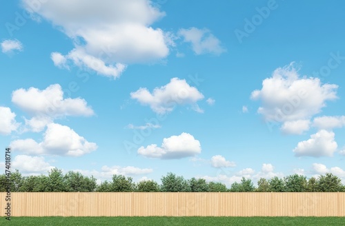 Light brown wooden fence, lush green lawn, and a clear blue sky with scattered puffy white clouds