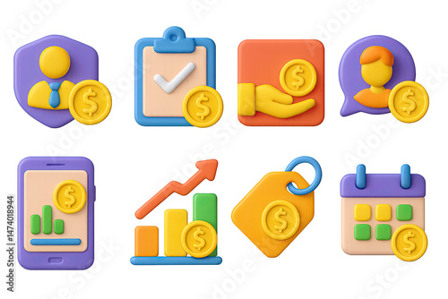3D icon set of earning money: part-time job badge, gig task icon, chore reward card, freelance opportunity bubble, money tracker app screen, goal-based earnings chart, hourly rate tag, youth work