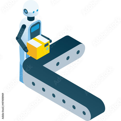 Robot packing parcel at conveyor vector icon isolated on white background. Warehouse automation process