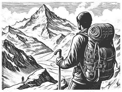 hiker standing on alpine mountain ridge, gazing at a scenic valley and lake, evoking adventure and exploration sketch engraving generative ai vector illustration. Scratch board. Black and white image.
