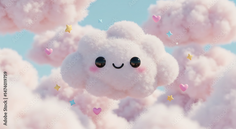 Fototapeta premium Cute cloud character floating among pink clouds and stars