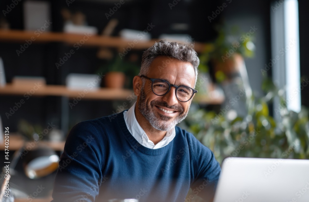 Fototapeta premium Smiling man wearing glasses indoor workspace
