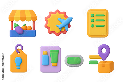 3D icon set of shopping while traveling: local market icon, travel deal badge, currency converter bubble, shopping list screen, souvenir ideas tag, travel-friendly products card, price scanner toggle