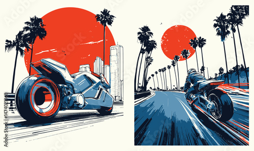 Futuristic Motorcycle Ride Under Vibrant Sunset with Palm Trees and Scenic Highway View