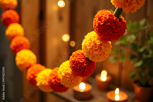 Vibrant Marigold Toran, A Celebration of Color and Tradition, Intricately Designed Garland for Festive Decor and Cultural Significance, Symbolizing Auspiciousness photo