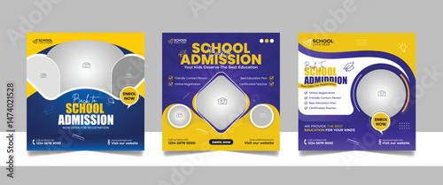 back to school admission social media post set, higher education promotion square flyer web banner study abroad template design.