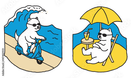 Playful Cartoon Character Enjoying Summer Activities at the Beach with Scooter and Relaxation