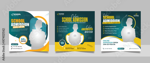 back to school admission social media post set, higher education promotion square flyer web banner study abroad template design.