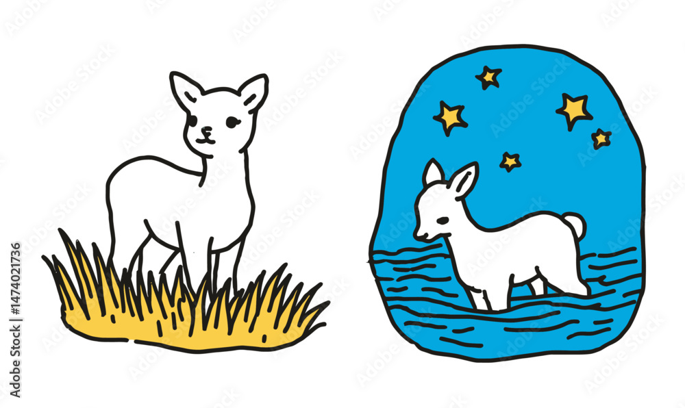 Obraz premium Cute Cartoon Deer in Grass and Water Under Starry Night Sky for Nature Illustrations