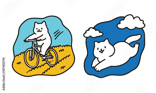 Playful Cartoon Cat on Bicycle and Soaring Through Blue Sky in Whimsical Illustration