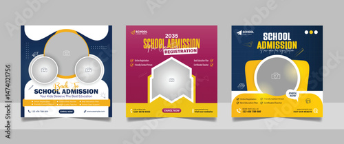 back to school admission social media post set, higher education promotion square flyer web banner study abroad template design.