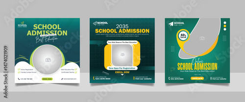 back to school admission social media post set, higher education promotion square flyer web banner study abroad template design.