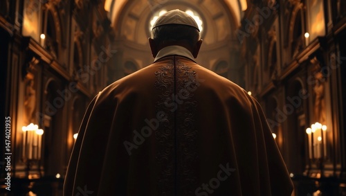 Candle-lit close-up of the Pope’s majestic back inside a shadowed cathedral. Intricate robe textures glow subtly. No face or hands. Evokes awe, reverence, and sacred stillness.