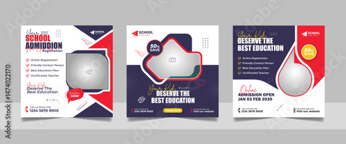 back to school admission social media post set, higher education promotion square flyer web banner study abroad template design.