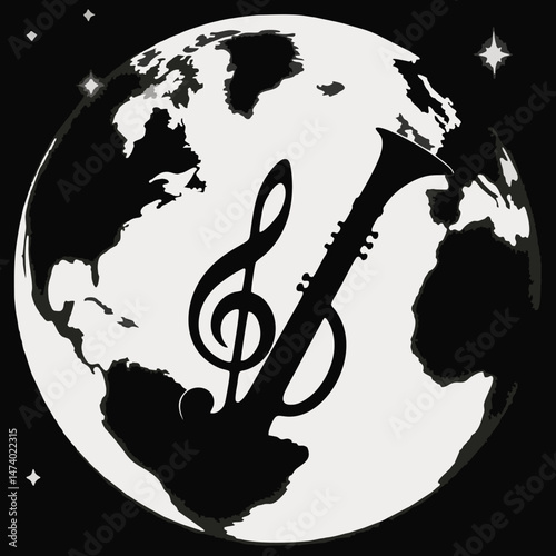 Global Harmony: Guitar and Music Notes Encircling the Earth
