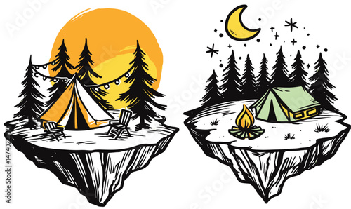 Vibrant Camping Scenes with Tents, Trees, and Moonlit Skies in Illustrative Style
