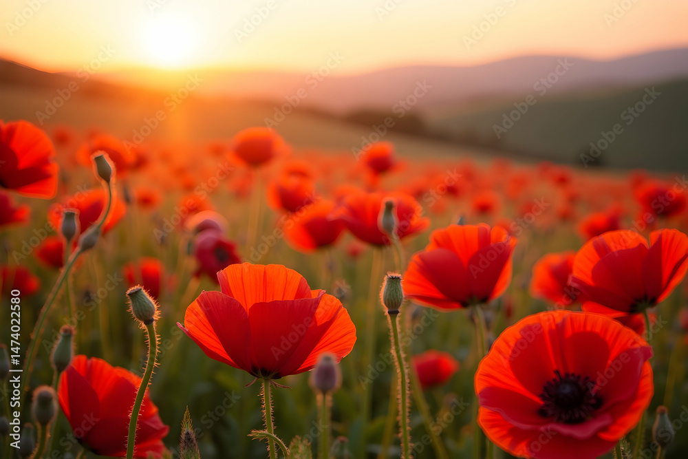 Fototapeta premium Vibrant Red Poppies Embrace the Sunset, A Captivating Field of Delicate Beauty under a Radiant Sky, Evoking Serenity and Natural Splendor