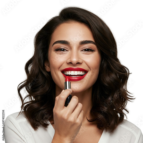 The woman is applying lipstick isolated on transparent or white background, png