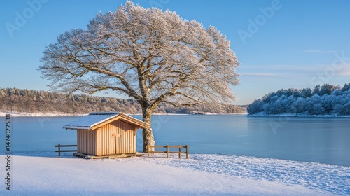Snowy Lakeside Cabin with Frozen Tree. Winter scenic beauty