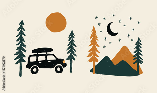 Adventure in Nature with Car, Trees, Sun, Moon, Mountains, and Scenic Landscape Design